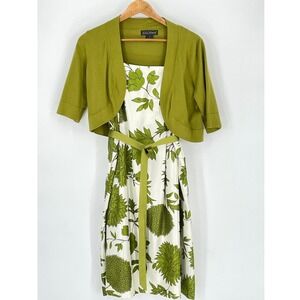 Jessica Howard Womens Dress 14 2PC Green White Floral Belted Shrug Set